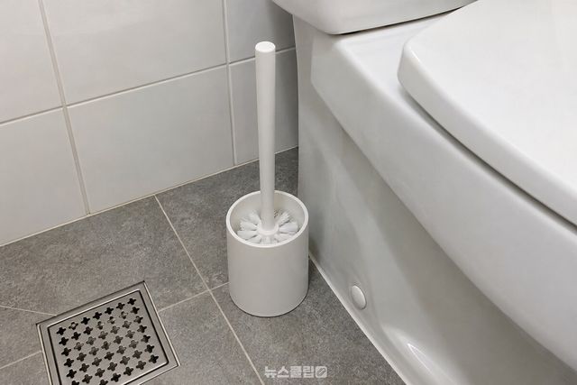 흰 타일 욕실의 변기 옆에 둥근 나일론 변기솔과 솔통이 놓여 있다. / 기사 이해를 돕기 위한 생성형 이미지