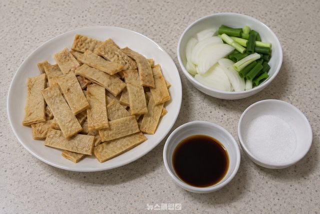 썰어 둔 어묵과 양파, 대파, 양념을 조리 전 깨끗한 조리대에 필요한 만큼 준비한 모습. / 기사 이해를 돕기 위한 생성형 이미지
