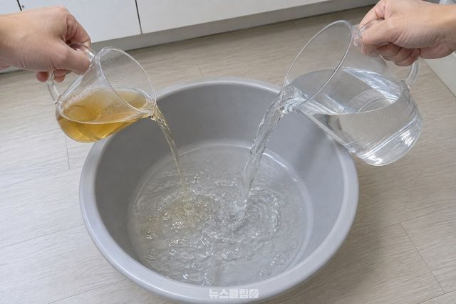 계량컵의 김빠진 맥주와 찬물을 대야에 1대 2 비율로 붓는 모습. / 기사 이해를 돕기 위한 생성형 이미지