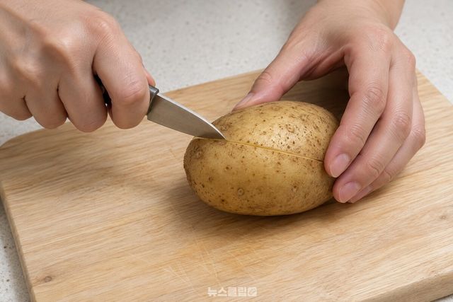 감자 가운데 둘레에 얕은 칼집을 넣는 손 / 기사 이해를 돕기 위한 생성형 이미지