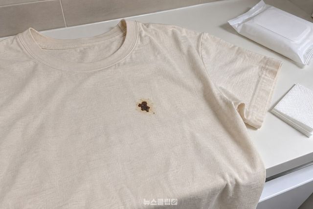 물티슈를 옆에 둔 티셔츠 앞면의 작은 짜장 자국 / 기사 이해를 돕기 위한 생성형 이미지