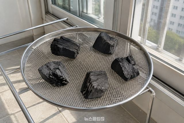 햇볕이 드는 베란다 채반 위에 숯 덩이를 겹치지 않게 펼쳐 둔 모습. / 기사 이해를 돕기 위한 생성형 이미지