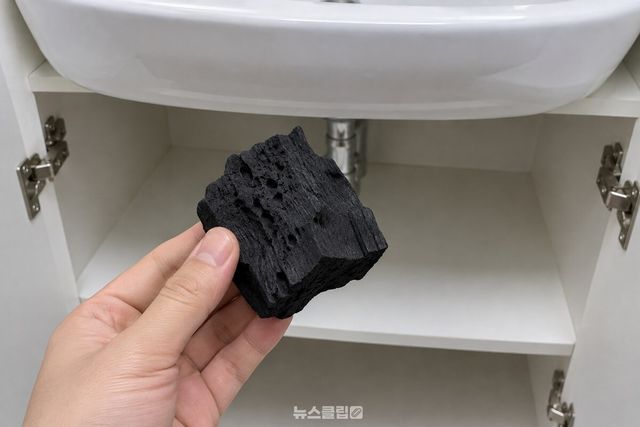 마른 손이 욕실 수납장 안에서 숯 한 덩이를 들어 표면을 살펴보는 모습. / 기사 이해를 돕기 위한 생성형 이미지