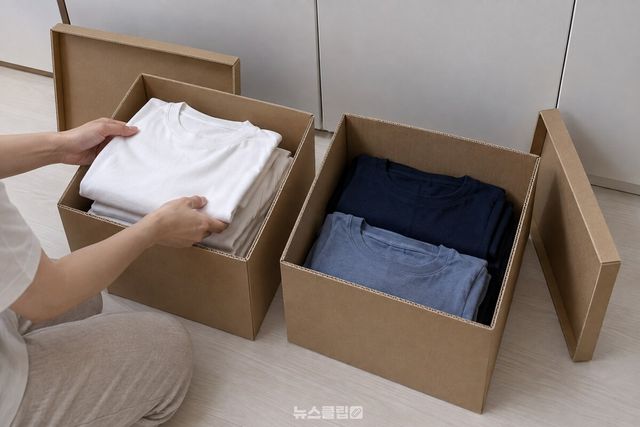 불투명 골판지 상자에 접은 여름옷을 나누어 담는 옷장 앞 장면. / 기사 이해를 돕기 위한 생성형 이미지