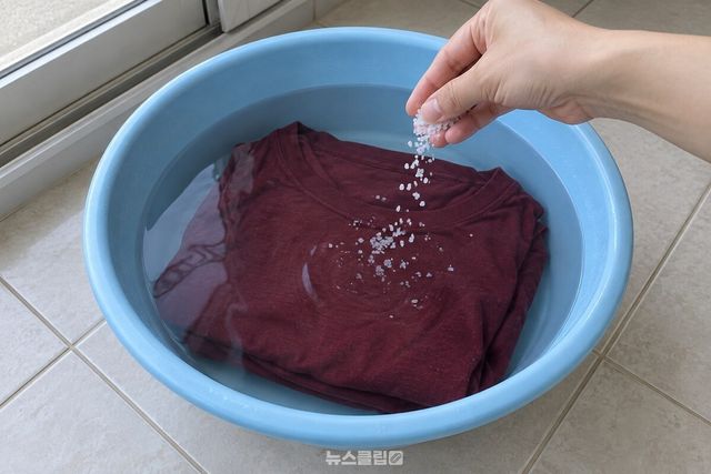 찬 소금물 대야에 색상 티셔츠를 담가 두는 세탁 준비 장면. / 기사 이해를 돕기 위한 생성형 이미지