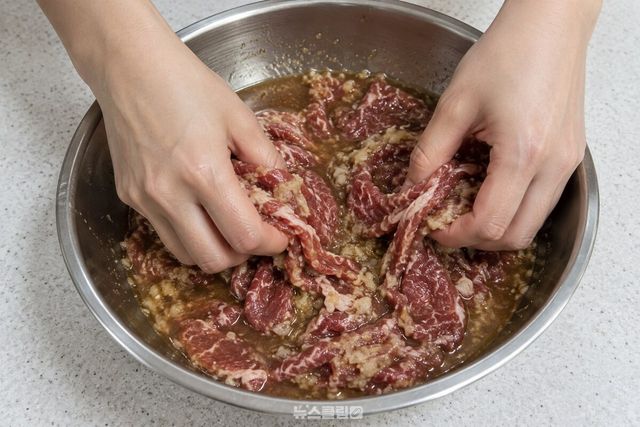 간 사과와 양념을 넣은 소고기를 손으로 한 장씩 펴며 버무리는 모습. / 기사 이해를 돕기 위한 생성형 이미지
