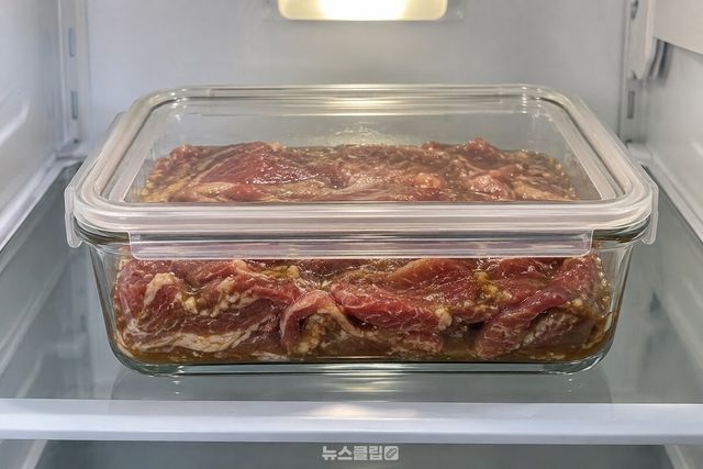 갈색빛 양념이 고르게 밴 불고기를 유리 밀폐용기에 담아 냉장 보관하는 모습. / 기사 이해를 돕기 위한 생성형 이미지