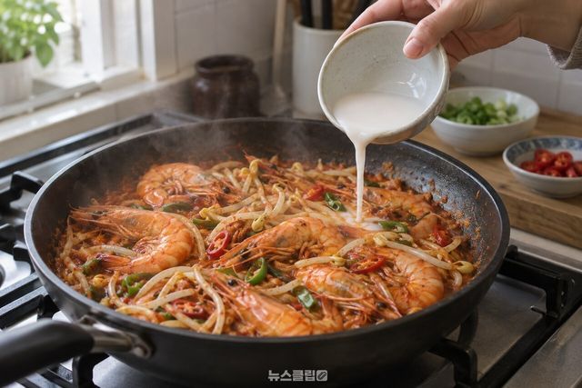 익힌 대하와 콩나물에 녹말물을 넣는 과정 / 기사 이해를 돕기 위한 생성형 이미지