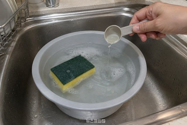 미지근한 물에 세제를 소량 풀고 수세미를 담아 둔 설거지통 / 기사 이해를 돕기 위한 생성형 이미지