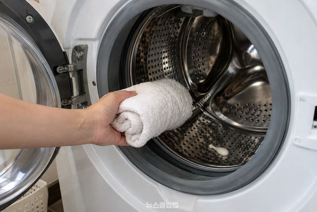 치약과 낡은 수건 한 장을 빈 세탁조에 넣는 모습 / 기사 이해를 돕기 위한 생성형 이미지