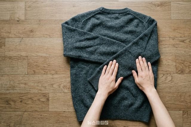 바닥에 편 니트의 소매를 몸판 안쪽으로 접어 넘기는 순간. / 기사 이해를 돕기 위한 생성형 이미지