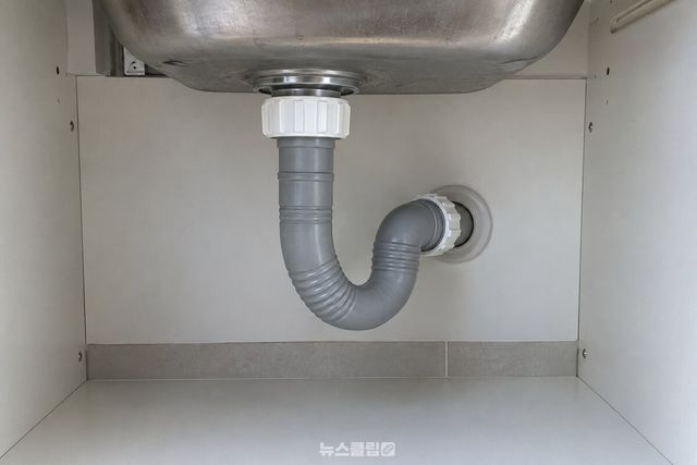 싱크대 하부장 문을 열면 스테인리스 볼 아래로 회색 플라스틱 S자 배수트랩과 위아래 너트가 보인다. / 기사 이해를 돕기 위한 생성형 이미지