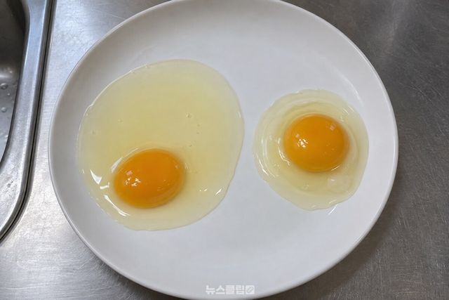 흰 접시에 깨 놓은 계란 두 개로, 왼쪽은 흰자가 넓게 퍼지고 오른쪽은 노른자가 솟고 흰자가 둘레에 뭉쳐 있다. / 기사 이해를 돕기 위한 생성형 이미지
