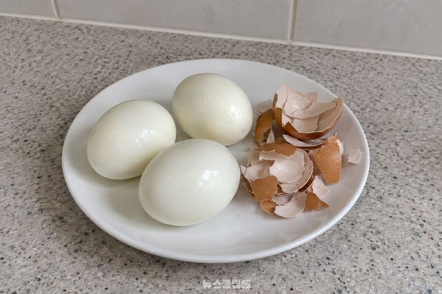 껍질을 벗긴 삶은 계란 세 개와 벗겨 낸 껍데기 조각이 흰 접시에 함께 놓여 있다. / 기사 이해를 돕기 위한 생성형 이미지