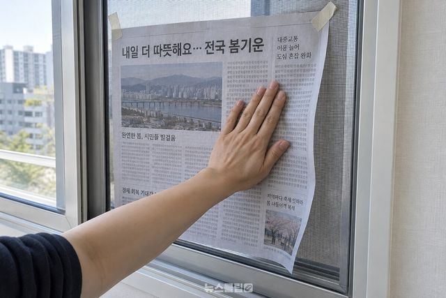 펼쳐 댄 신문지를 손바닥으로 가운데부터 바깥쪽으로 쓸어 망에 밀착시키는 모습이다. / 기사 이해를 돕기 위한 생성형 이미지