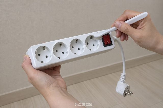 구멍이 아래를 향하도록 멀티탭을 뒤집어 들고 마른 칫솔로 구멍 둘레와 스위치 틈을 쓸고 있다. / 기사 이해를 돕기 위한 생성형 이미지