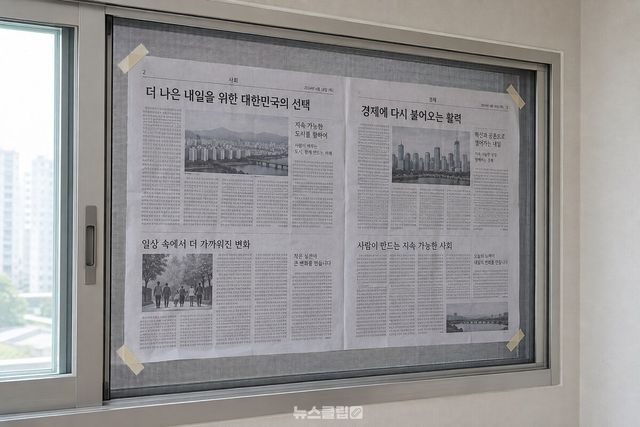 방충망 실내 쪽 면에 펼쳐 붙인 신문지가 종이테이프로 네 모서리에 고정돼 있고 옆쪽 미닫이 샷시 창이 한쪽으로 밀려 있다. / 기사 이해를 돕기 위한 생성형 이미지