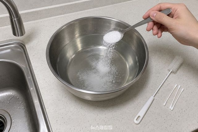 물 1리터를 담은 볼에 밥숟가락으로 뜬 구연산 가루를 넣는 장면, 옆에 가습기 전용 솔과 면봉이 놓여 있다. / 기사 이해를 돕기 위한 생성형 이미지