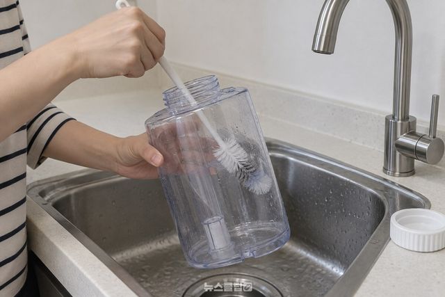 전용 솔을 물통 입구로 넣어 안쪽 벽과 구멍 둘레를 돌려 가며 문지르는 모습. / 기사 이해를 돕기 위한 생성형 이미지