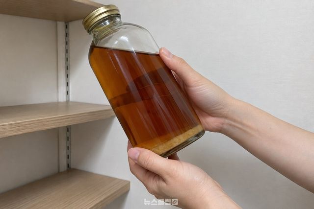 맑고 잔잔한 매실청이 든 밀폐 유리병을 두 손으로 천천히 기울이고 있다. / 기사 이해를 돕기 위한 생성형 이미지