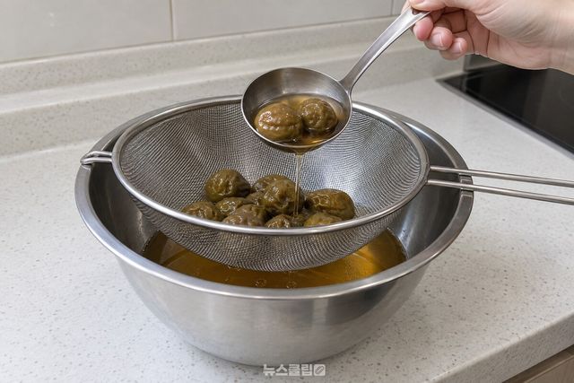 큰 볼 위 체에 국자로 건져낸 매실을 올려 액을 자연스럽게 거르고 있다. / 기사 이해를 돕기 위한 생성형 이미지
