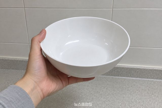 한 손으로 가볍게 들어 올린 흰 멜라민 국그릇의 매끈한 표면과 얇은 테두리. / 기사 이해를 돕기 위한 생성형 이미지