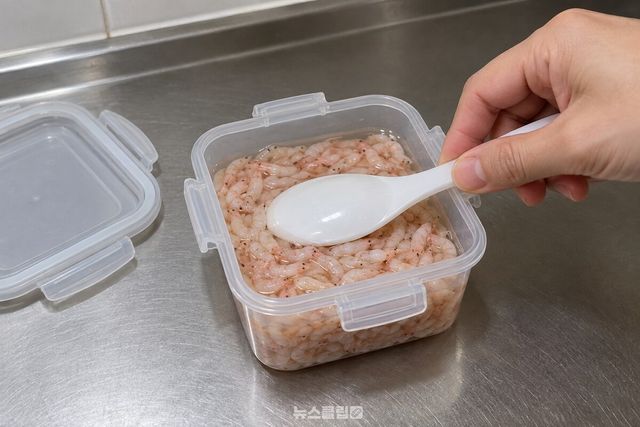 숟가락 등으로 용기에 담은 새우젓 표면을 눌러 평평하게 고르고 있다. / 기사 이해를 돕기 위한 생성형 이미지