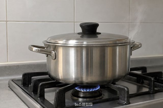뚜껑을 덮은 냄비에서 김이 뚜껑 가장자리로 새어 나오고, 불꽃은 약하게 유지되고 있다. / 기사 이해를 돕기 위한 생성형 이미지