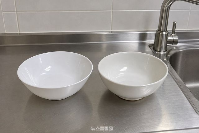 주방 조리대 위에 나란히 놓인 흰 멜라민 국그릇과 백자 국그릇. / 기사 이해를 돕기 위한 생성형 이미지