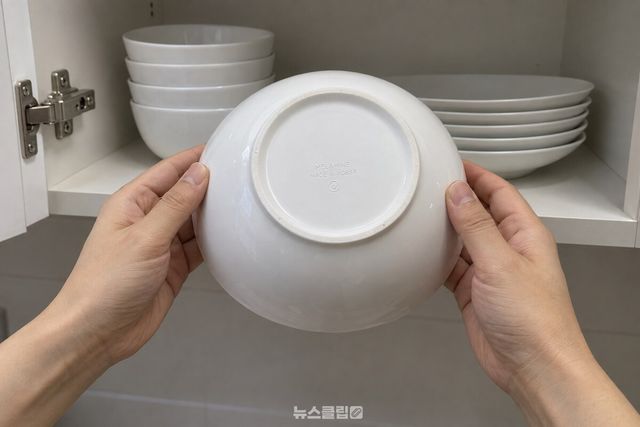 찬장 앞에서 그릇을 뒤집어 바닥면의 재질 표시를 확인하는 모습. / 기사 이해를 돕기 위한 생성형 이미지