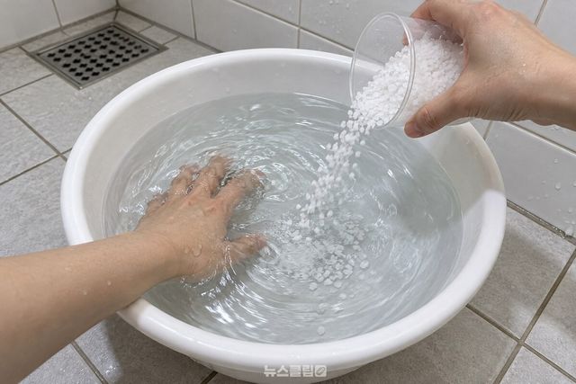 대야에 받은 찬물에 굵은소금을 붓고 손으로 저어 녹이는 모습. / 기사 이해를 돕기 위한 생성형 이미지