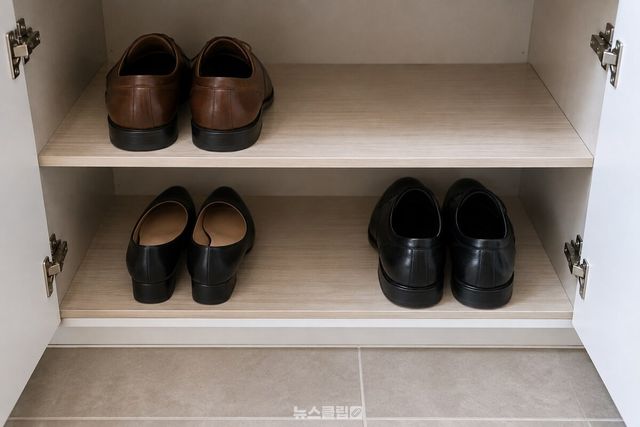 문을 열어 둔 신발장 안에 간격을 두고 가죽구두가 정리된 모습. / 기사 이해를 돕기 위한 생성형 이미지