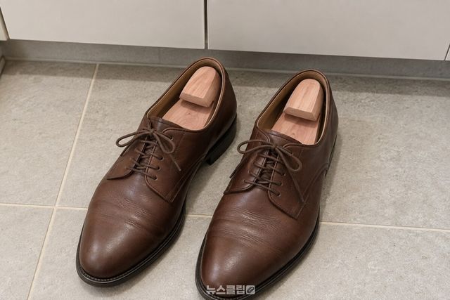 삼나무 슈트리를 끼운 갈색 가죽구두 한 켤레가 신발장 앞에 놓여 있다. / 기사 이해를 돕기 위한 생성형 이미지