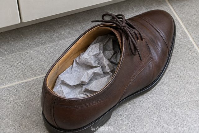 밝은 안감의 갈색 가죽구두 안쪽에 눅눅한 신문지가 들어 있는 가까운 모습. / 기사 이해를 돕기 위한 생성형 이미지