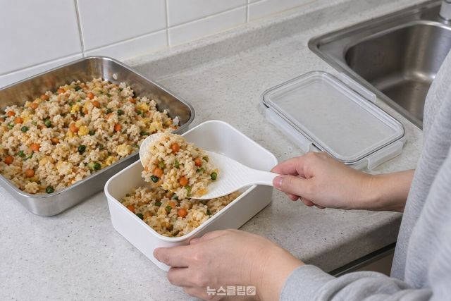 차갑게 식힌 볶음밥을 마른 도시락 통에 옮겨 담고 있다. / 기사 이해를 돕기 위한 생성형 이미지