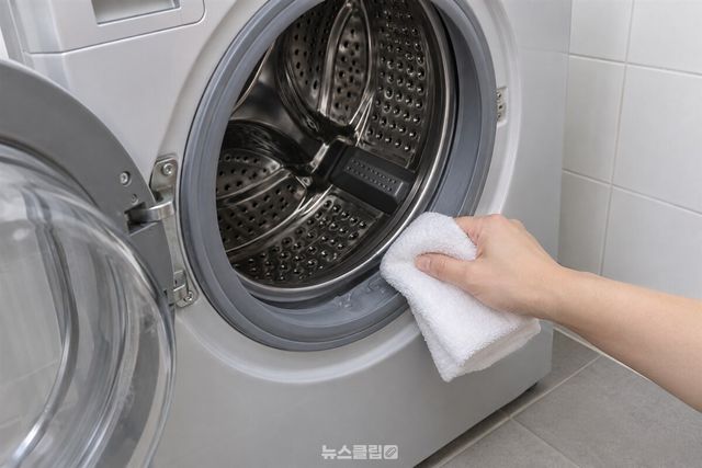 마른 흰 수건으로 드럼세탁기 문 안쪽 고무 패킹의 물기를 닦는 손. / 기사 이해를 돕기 위한 생성형 이미지