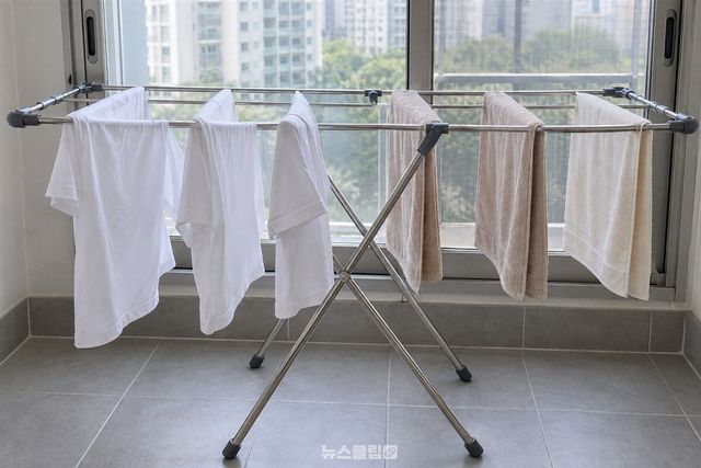 세탁기에서 꺼낸 셔츠와 수건을 간격을 두고 넌 깨끗한 빨래건조대. / 기사 이해를 돕기 위한 생성형 이미지