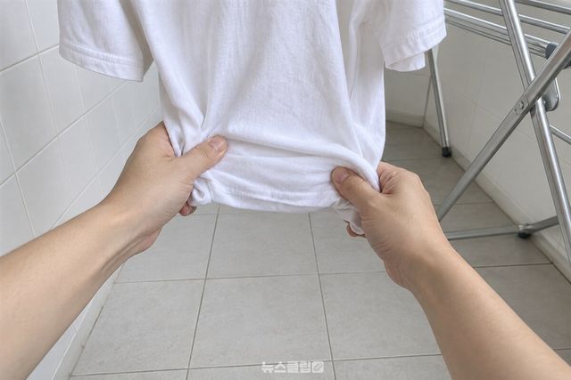 깨끗한 손으로 탈수한 흰 면 티셔츠를 가볍게 쥔 모습. / 기사 이해를 돕기 위한 생성형 이미지