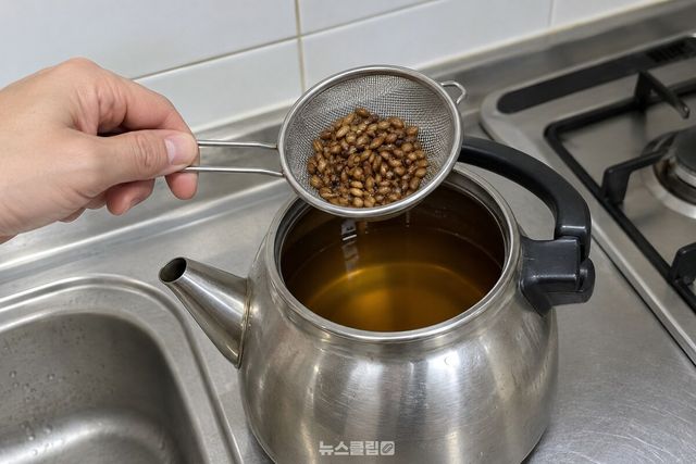 끓인 보리차에서 보리알을 체로 건져 내는 장면. / 기사 이해를 돕기 위한 생성형 이미지