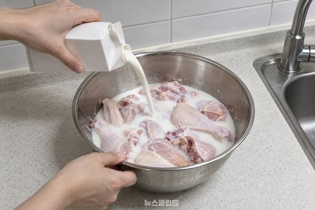 스테인리스 볼에 담긴 손질 전 생닭 위로 우유를 붓는 주방 조리 장면. / 기사 이해를 돕기 위한 생성형 이미지