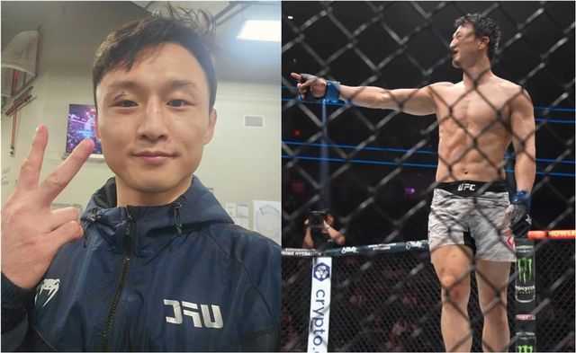 승리 후 포즈를 취하는 최두호. ⓒ(왼쪽)최두호 인스타그램, (오른쪽)ufc_korea 인스타그램 캡처