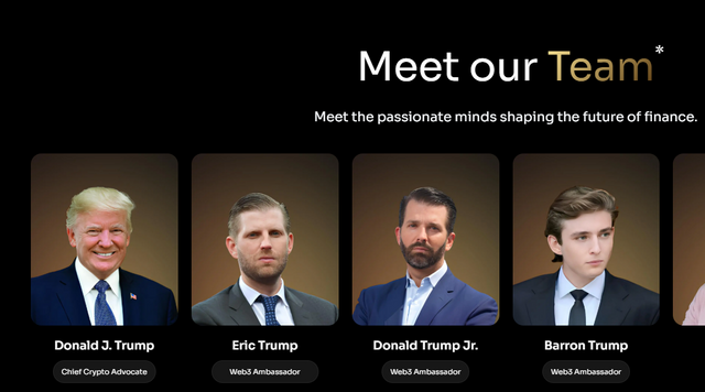(왼쪽부터) 도널드 트럼프 대통령 당선인, 차남 에릭 트럼프, 장남 도널드 트럼프 주니어, 막내아들 배런 트럼프. 월드리버티파이낸셜에서 트럼프 당선인은 '최고 가상화폐 옹호자'를, 세 아들은 '웹3 홍보대사'를 맡고 있다. ⓒ월드리버티파이낸셜 홈페이지 캡처