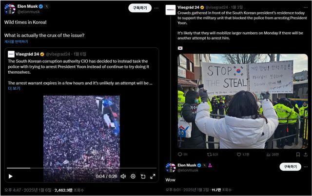 일론 머스크 테슬라 최고경영자(CEO)는 지난 3일과 6일 비세그라드24의 윤석열 대통령 탄핵반대집회 게시글을 공유했다. ⓒ일론 머스크 'X' 캡처