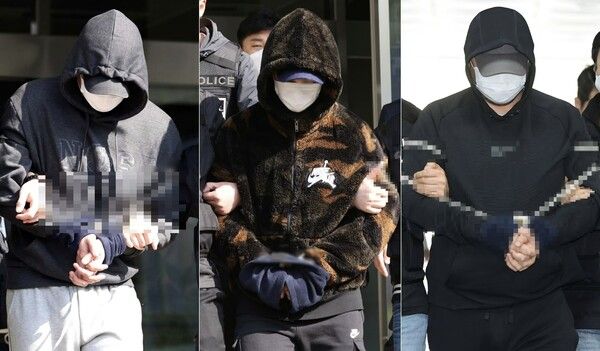 왼쪽부터, 연모(30)씨, 이모(35)씨, 황모(36)씨 /&nbsp;구속 전 피의자 심문(영장실질심사) 출석을 위해 서울중앙지방법원으로 향하는 모습
