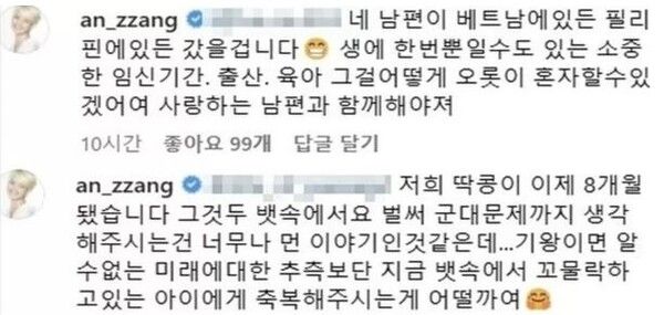 미국 원정출산에 대해 해명하는 댓글을 달은 코미디언 안영미 / 안영미 인스타그램 댓글 캡처