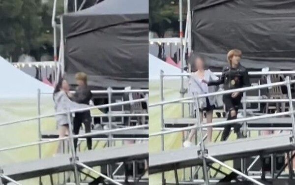 온라인 커뮤니티 사진 캡처 / 무대 뒤에서 여성에게 뽀뽀한 빅나티&nbsp;