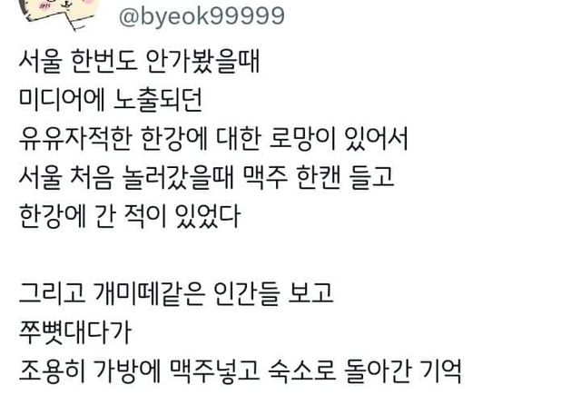 유유자적한 한강에 대한 로망이 있어서 맥주 한캔 들고 간 적 있음.twt