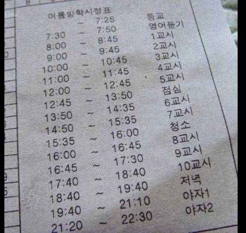 대한민국 고등학생의 여름방학 시정표