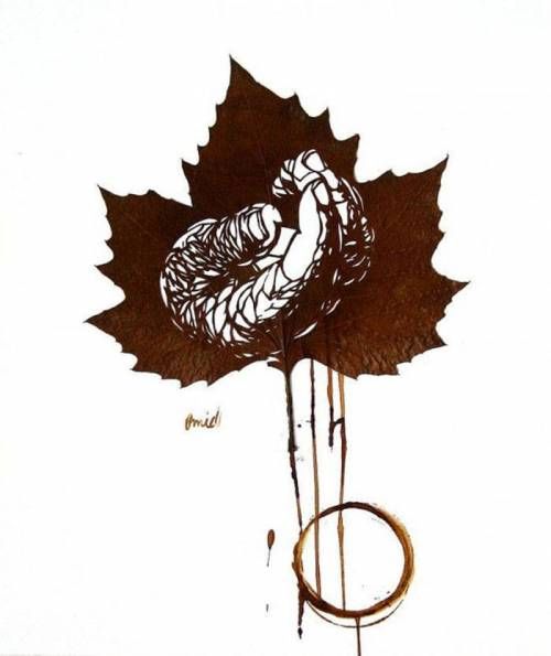 손칼과 바늘만으로 제작한 낙엽 예술