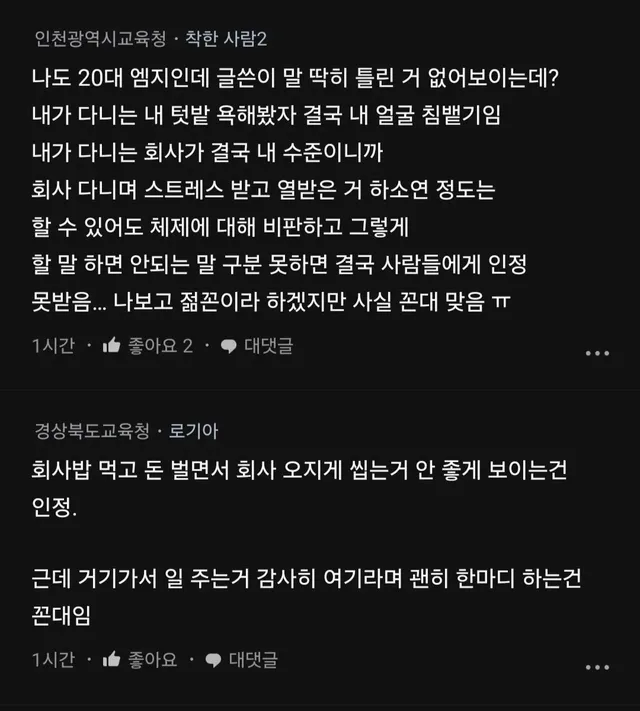 신입들끼리 밥먹으면서 회사 욕하길래 한마디 한 꼰대 블라인